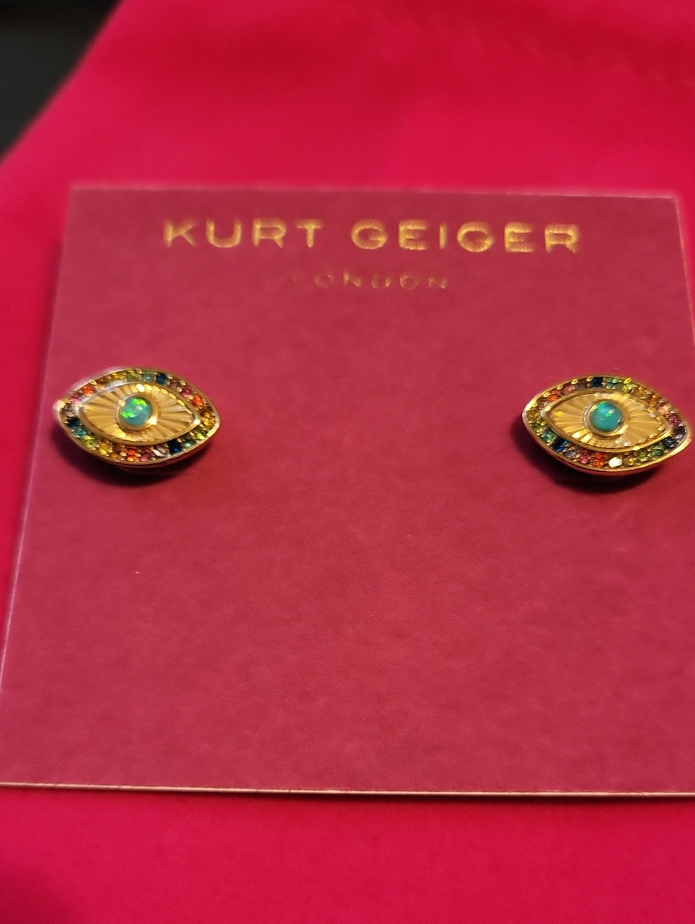 Kurt Geiger Gold Eye Studs with Turquoise Center Gem Detail HL Rt